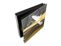 Decorative Key Box with Magnetic Glass Whiteboard – Stylish Home Organizer –Multi-Functional Key Cabinet with Glass Markerboard – Wall Organizer for Home & Office - KN23 Abstract Concepts Series 2 : Japanese Crane Birds