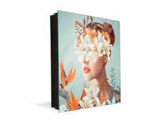 Key Cabinet with Glass Dry-Erase Board – Elegant Key Storage for Home, Office & Airbnb – Magnetic Glass Whiteboard & Key Holder – KN22 Modern Art Series : Blooming Lady