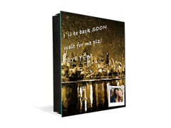 Decorative Key Box with Magnetic Glass Whiteboard – Stylish Home Organizer –Multi-Functional Key Cabinet with Glass Markerboard – Wall Organizer for Home & Office - KN23 Abstract Concepts Series 2 : Golden City Landscape