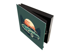 Key Cabinet with Glass Dry-Erase Board – Elegant Key Storage for Home, Office & Airbnb – Magnetic Glass Whiteboard & Key Holder – KN22 Modern Art Series : Minimalist Oldschool Car