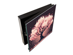 Key Cabinet with Glass Dry-Erase Board – Elegant Key Storage for Home, Office & Airbnb – Magnetic Glass Whiteboard & Key Holder – KN22 Modern Art Series : Japanese Sakura Tree