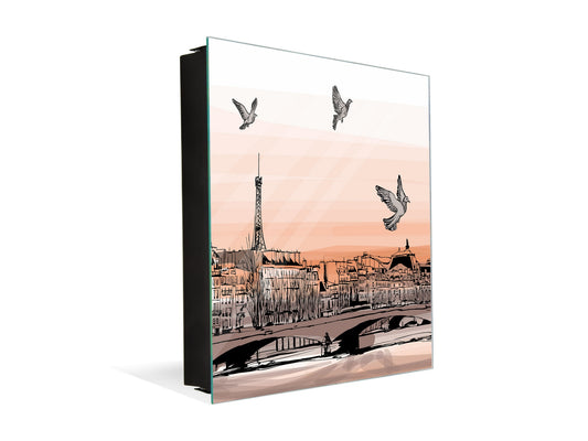 Wall Mounted Key Holder and Magnetic Dry-Erase Glass Board KN19 Miscellaneous Series : Landscape of Paris
