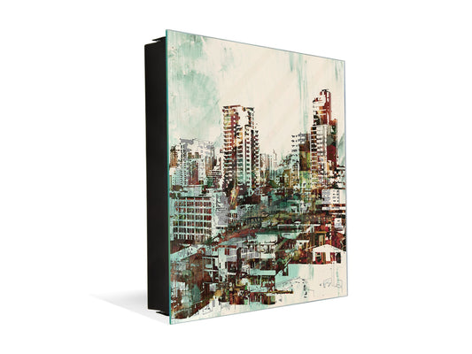 Wall Mounted Key Holder and Magnetic Dry-Erase Glass Board KN19 Miscellaneous Series : Abstract cityscape 2