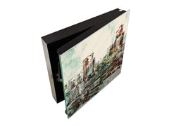 Wall Mounted Key Holder and Magnetic Dry-Erase Glass Board KN19 Miscellaneous Series : Abstract cityscape 2