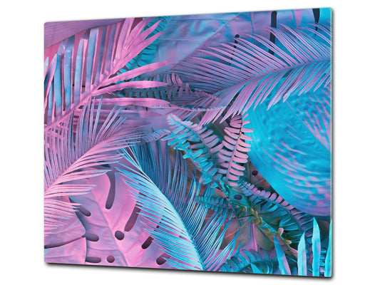 Tempered GLASS Cutting Board – Worktop saver and Pastry Board –- Glass Kitchen Board; MEASURES: SINGLE: 60 x 52 cm (23,62” x 20,47”); DOUBLE: 30 x 52 cm (11,81” x 20,47”); D34 Nature Series: Neon tropical leaves
