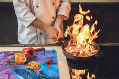 Tempered GLASS Cutting Board – Worktop saver and Pastry Board –- Glass Kitchen Board; MEASURES: SINGLE: 60 x 52 cm (23,62” x 20,47”); DOUBLE: 30 x 52 cm (11,81” x 20,47”); D34 Nature Series: Neon tropical leaves