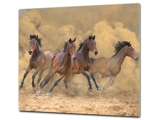 Induction Cooktop Cover Kitchen Board – Impact Resistant Glass Pastry Board; MEASURES: SINGLE: 60 x 52 cm (23,62” x 20,47”); DOUBLE: 30 x 52 cm (11,81” x 20,47”); D37 Animals Series : Galloping horses
