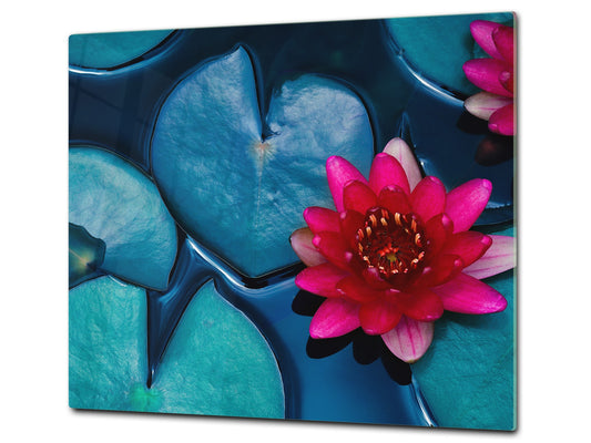 Tempered GLASS Cutting Board – Worktop saver and Pastry Board –- Glass Kitchen Board; MEASURES: SINGLE: 60 x 52 cm (23,62” x 20,47”); DOUBLE: 30 x 52 cm (11,81” x 20,47”); D34 Nature Series: Pink lotus flower