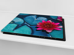 Tempered GLASS Cutting Board – Worktop saver and Pastry Board –- Glass Kitchen Board; MEASURES: SINGLE: 60 x 52 cm (23,62” x 20,47”); DOUBLE: 30 x 52 cm (11,81” x 20,47”); D34 Nature Series: Pink lotus flower