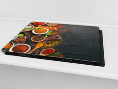 Induction Cooktop Cover –Shatter Resistant Glass Kitchen Board – Hob cover; MEASURES: SINGLE: 60 x 52 cm (23,62” x 20,47”); DOUBLE: 30 x 52 cm (11,81” x 20,47”); D38 Herbs and spices Series : Colourful spices