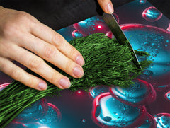 TEMPERED GLASS CHOPPING BOARD – Glass Cutting Board and Worktop Saver; MEASURES: SINGLE: 60 x 52 cm (23,62” x 20,47”); DOUBLE: 30 x 52 cm (11,81” x 20,47”); D36 Textures Series : Holographic bubbles 1