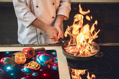 TEMPERED GLASS CHOPPING BOARD – Glass Cutting Board and Worktop Saver; MEASURES: SINGLE: 60 x 52 cm (23,62” x 20,47”); DOUBLE: 30 x 52 cm (11,81” x 20,47”); D36 Textures Series : Holographic bubbles 1