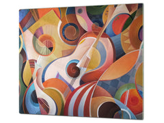 Premium Tempered Glass Cutting Board and Worktop Saver – Glass Pastry Board and Cooktop Cover – MEASURES: SINGLE: 60 x 52 cm; DOUBLE: 2 x 30 x 52 cm; D40 Colorful Illustrations Series : Abstract Instruments
