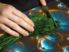 TEMPERED GLASS CHOPPING BOARD – Glass Cutting Board and Worktop Saver; MEASURES: SINGLE: 60 x 52 cm (23,62” x 20,47”); DOUBLE: 30 x 52 cm (11,81” x 20,47”); D36 Textures Series : Holographic bubbles 2