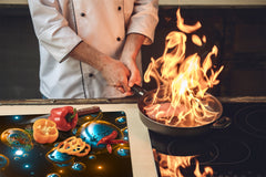 TEMPERED GLASS CHOPPING BOARD – Glass Cutting Board and Worktop Saver; MEASURES: SINGLE: 60 x 52 cm (23,62” x 20,47”); DOUBLE: 30 x 52 cm (11,81” x 20,47”); D36 Textures Series : Holographic bubbles 2