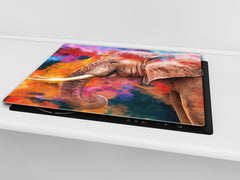Induction Cooktop Cover Kitchen Board – Impact Resistant Glass Pastry Board; MEASURES: SINGLE: 60 x 52 cm (23,62” x 20,47”); DOUBLE: 30 x 52 cm (11,81” x 20,47”); D37 Animals Series : Colourful elephant