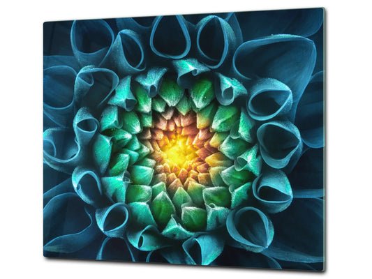 Tempered GLASS Cutting Board – Worktop saver and Pastry Board –- Glass Kitchen Board; MEASURES: SINGLE: 60 x 52 cm (23,62” x 20,47”); DOUBLE: 30 x 52 cm (11,81” x 20,47”); D34 Nature Series: Blue-green flower