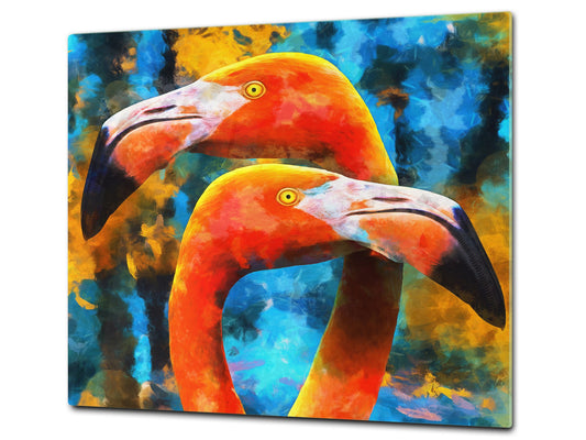 Induction Cooktop Cover Kitchen Board – Impact Resistant Glass Pastry Board; MEASURES: SINGLE: 60 x 52 cm (23,62” x 20,47”); DOUBLE: 30 x 52 cm (11,81” x 20,47”); D37 Animals Series : Colourful flamingos