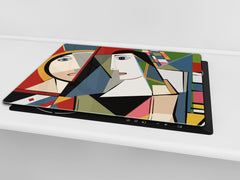 Premium Tempered Glass Cutting Board and Worktop Saver – Glass Pastry Board and Cooktop Cover – MEASURES: SINGLE: 60 x 52 cm; DOUBLE: 2 x 30 x 52 cm; D40 Colorful Illustrations Series : Faces of Cubism