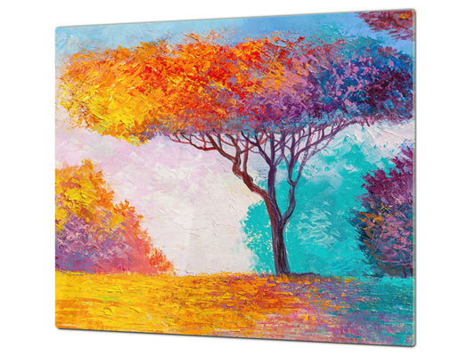 Premium Tempered Glass Cutting Board and Worktop Saver – Glass Pastry Board and Cooktop Cover – MEASURES: SINGLE: 60 x 52 cm; DOUBLE: 2 x 30 x 52 cm; D40 Colorful Illustrations Series : Colorful Tree of Joy