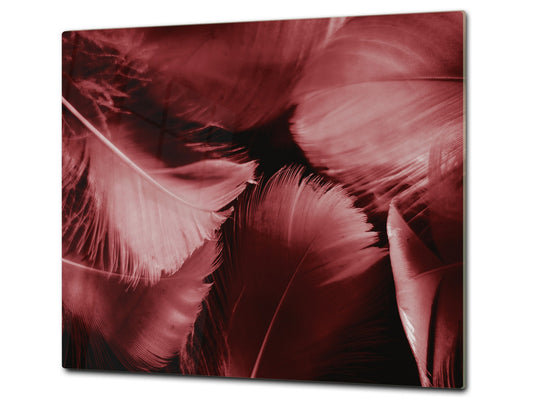 TEMPERED GLASS CHOPPING BOARD – Glass Cutting Board and Worktop Saver; MEASURES: SINGLE: 60 x 52 cm (23,62” x 20,47”); DOUBLE: 30 x 52 cm (11,81” x 20,47”); D36 Textures Series : White and red feathers