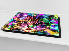 Induction Cooktop Cover Kitchen Board – Impact Resistant Glass Pastry Board; MEASURES: SINGLE: 60 x 52 cm (23,62” x 20,47”); DOUBLE: 30 x 52 cm (11,81” x 20,47”); D37 Animals Series : Colourful cat