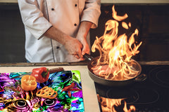 Induction Cooktop Cover Kitchen Board – Impact Resistant Glass Pastry Board; MEASURES: SINGLE: 60 x 52 cm (23,62” x 20,47”); DOUBLE: 30 x 52 cm (11,81” x 20,47”); D37 Animals Series : Colourful cat