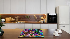 Induction Cooktop Cover Kitchen Board – Impact Resistant Glass Pastry Board; MEASURES: SINGLE: 60 x 52 cm (23,62” x 20,47”); DOUBLE: 30 x 52 cm (11,81” x 20,47”); D37 Animals Series : Colourful cat