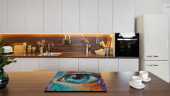 Premium Tempered Glass Cutting Board and Worktop Saver – Glass Pastry Board and Cooktop Cover – MEASURES: SINGLE: 60 x 52 cm; DOUBLE: 2 x 30 x 52 cm; D40 Colorful Illustrations Series : Multicolored Eye 1