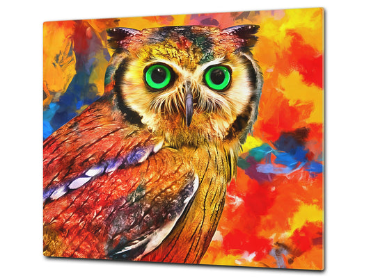 Induction Cooktop Cover Kitchen Board – Impact Resistant Glass Pastry Board; MEASURES: SINGLE: 60 x 52 cm (23,62” x 20,47”); DOUBLE: 30 x 52 cm (11,81” x 20,47”); D37 Animals Series : Colourful owl