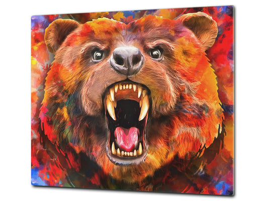 Induction Cooktop Cover Kitchen Board – Impact Resistant Glass Pastry Board; MEASURES: SINGLE: 60 x 52 cm (23,62” x 20,47”); DOUBLE: 30 x 52 cm (11,81” x 20,47”); D37 Animals Series : Colourful bear