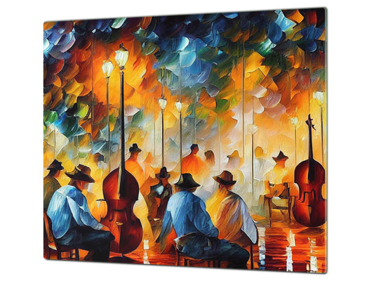 Premium Tempered Glass Cutting Board and Worktop Saver – Glass Pastry Board and Cooktop Cover – MEASURES: SINGLE: 60 x 52 cm; DOUBLE: 2 x 30 x 52 cm; D40 Colorful Illustrations Series : Impressionist Music Performance