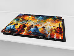Premium Tempered Glass Cutting Board and Worktop Saver – Glass Pastry Board and Cooktop Cover – MEASURES: SINGLE: 60 x 52 cm; DOUBLE: 2 x 30 x 52 cm; D40 Colorful Illustrations Series : Impressionist Music Performance