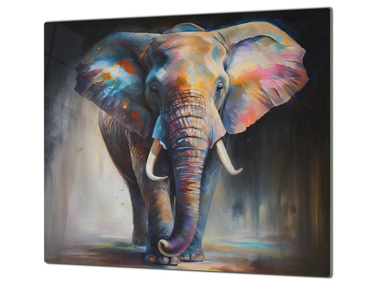 Premium Tempered Glass Cutting Board and Worktop Saver – Glass Pastry Board and Cooktop Cover – MEASURES: SINGLE: 60 x 52 cm; DOUBLE: 2 x 30 x 52 cm; D40 Colorful Illustrations Series : The Elephant in Vivid Hues