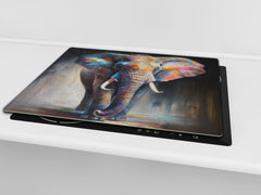 Premium Tempered Glass Cutting Board and Worktop Saver – Glass Pastry Board and Cooktop Cover – MEASURES: SINGLE: 60 x 52 cm; DOUBLE: 2 x 30 x 52 cm; D40 Colorful Illustrations Series : The Elephant in Vivid Hues