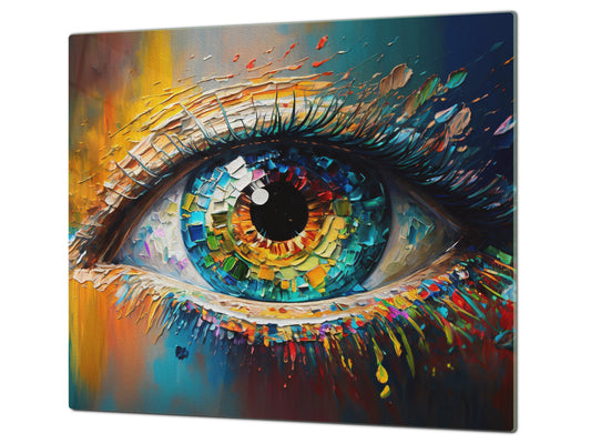 Premium Tempered Glass Cutting Board and Worktop Saver – Glass Pastry Board and Cooktop Cover – MEASURES: SINGLE: 60 x 52 cm; DOUBLE: 2 x 30 x 52 cm; D40 Colorful Illustrations Series : Multicolored Eye 2