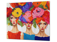 Premium Tempered Glass Cutting Board and Worktop Saver – Glass Pastry Board and Cooktop Cover – MEASURES: SINGLE: 60 x 52 cm; DOUBLE: 2 x 30 x 52 cm; D40 Colorful Illustrations Series : Flower Faces