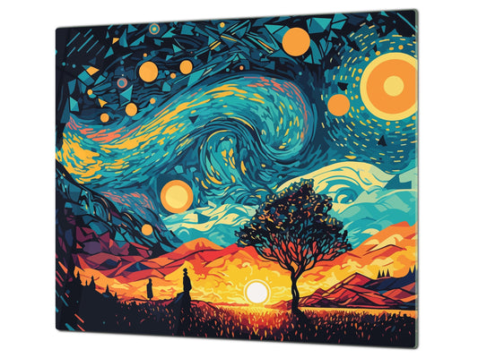 Premium Tempered Glass Cutting Board and Worktop Saver – Glass Pastry Board and Cooktop Cover – MEASURES: SINGLE: 60 x 52 cm; DOUBLE: 2 x 30 x 52 cm; D40 Colorful Illustrations Series : Geometic Sunrise