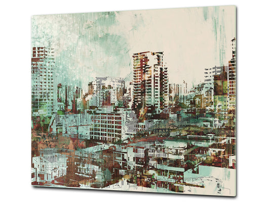 Chopping Board Set - Induction Cooktop Cover –Glass Cutting Board; MEASURES: SINGLE: 60 x 52 cm (23,62” x 20,47”); DOUBLE: 30 x 52 cm (11,81” x 20,47”); D39 Miscellaneous Series : Abstract cityscape 2
