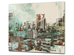 Chopping Board Set - Induction Cooktop Cover –Glass Cutting Board; MEASURES: SINGLE: 60 x 52 cm (23,62” x 20,47”); DOUBLE: 30 x 52 cm (11,81” x 20,47”); D39 Miscellaneous Series : Abstract cityscape 2