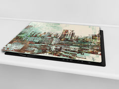 Chopping Board Set - Induction Cooktop Cover –Glass Cutting Board; MEASURES: SINGLE: 60 x 52 cm (23,62” x 20,47”); DOUBLE: 30 x 52 cm (11,81” x 20,47”); D39 Miscellaneous Series : Abstract cityscape 2