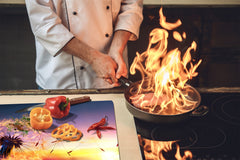 Tempered GLASS Cutting Board – Worktop saver and Pastry Board –- Glass Kitchen Board; MEASURES: SINGLE: 60 x 52 cm (23,62” x 20,47”); DOUBLE: 30 x 52 cm (11,81” x 20,47”); D34 Nature Series: Sunset dandelion