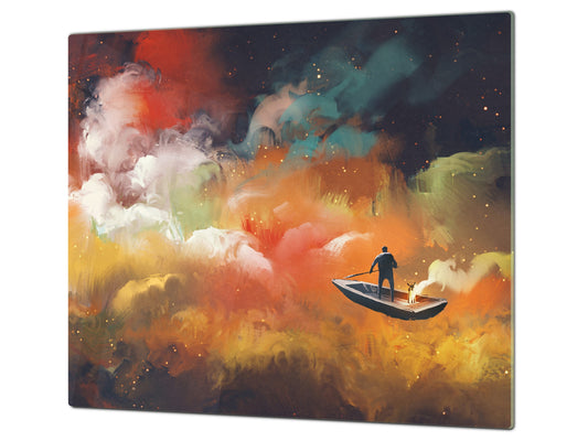 Premium Tempered Glass Cutting Board and Worktop Saver – Glass Pastry Board and Cooktop Cover – MEASURES: SINGLE: 60 x 52 cm; DOUBLE: 2 x 30 x 52 cm; D40 Colorful Illustrations Series : Sailing through the Dreams