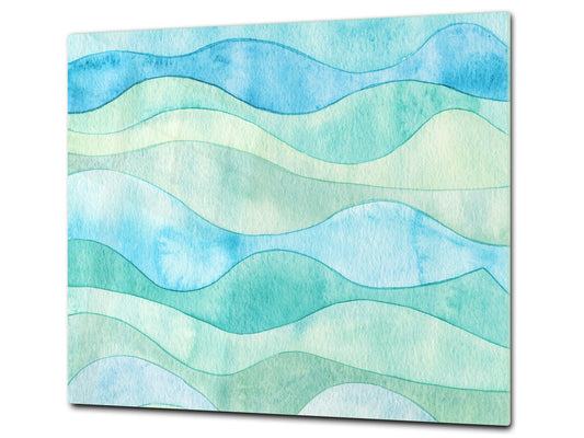 UNIQUE Tempered GLASS Kitchen Board –Scratch Resistant Glass Cutting Board – MEASURES: SINGLE: 60 x 52 cm (23,62” x 20,47”); DOUBLE: 30 x 52 cm (11,81” x 20,47”); D35 Art Series : Watercolour waves