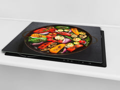 Induction Cooktop Cover –Shatter Resistant Glass Kitchen Board – Hob cover; MEASURES: SINGLE: 60 x 52 cm (23,62” x 20,47”); DOUBLE: 30 x 52 cm (11,81” x 20,47”); D38 Herbs and spices Series : Grilled vegetables