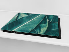 Tempered GLASS Cutting Board – Worktop saver and Pastry Board –- Glass Kitchen Board; MEASURES: SINGLE: 60 x 52 cm (23,62” x 20,47”); DOUBLE: 30 x 52 cm (11,81” x 20,47”); D34 Nature Series: Tropical leaves texture