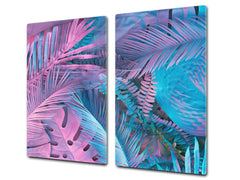 Tempered GLASS Cutting Board – Worktop saver and Pastry Board –- Glass Kitchen Board; MEASURES: SINGLE: 60 x 52 cm (23,62” x 20,47”); DOUBLE: 30 x 52 cm (11,81” x 20,47”); D34 Nature Series: Neon tropical leaves