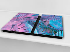 Tempered GLASS Cutting Board – Worktop saver and Pastry Board –- Glass Kitchen Board; MEASURES: SINGLE: 60 x 52 cm (23,62” x 20,47”); DOUBLE: 30 x 52 cm (11,81” x 20,47”); D34 Nature Series: Neon tropical leaves