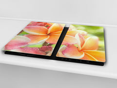 Tempered GLASS Cutting Board – Worktop saver and Pastry Board –- Glass Kitchen Board; MEASURES: SINGLE: 60 x 52 cm (23,62” x 20,47”); DOUBLE: 30 x 52 cm (11,81” x 20,47”); D34 Nature Series: Frangipani flower