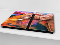 Induction Cooktop Cover Kitchen Board – Impact Resistant Glass Pastry Board; MEASURES: SINGLE: 60 x 52 cm (23,62” x 20,47”); DOUBLE: 30 x 52 cm (11,81” x 20,47”); D37 Animals Series : Colourful elephant